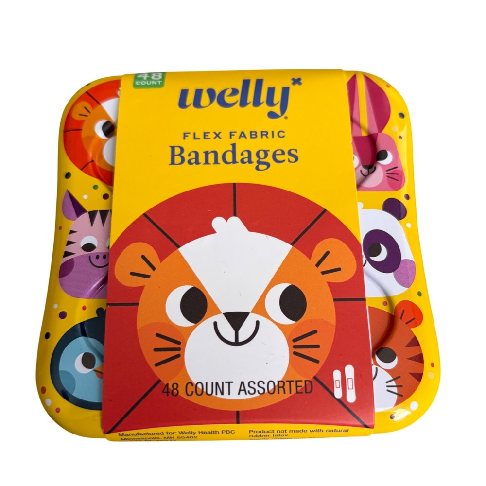 Welly Flex Fabric Bandages 48 Count Assorted Animal Patterns Reusable Tin